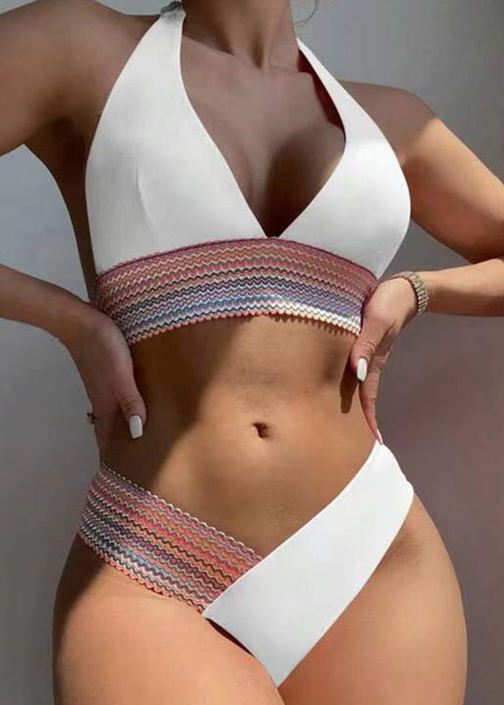 White Striped Patchwork Tie Lace Lingerie Sets