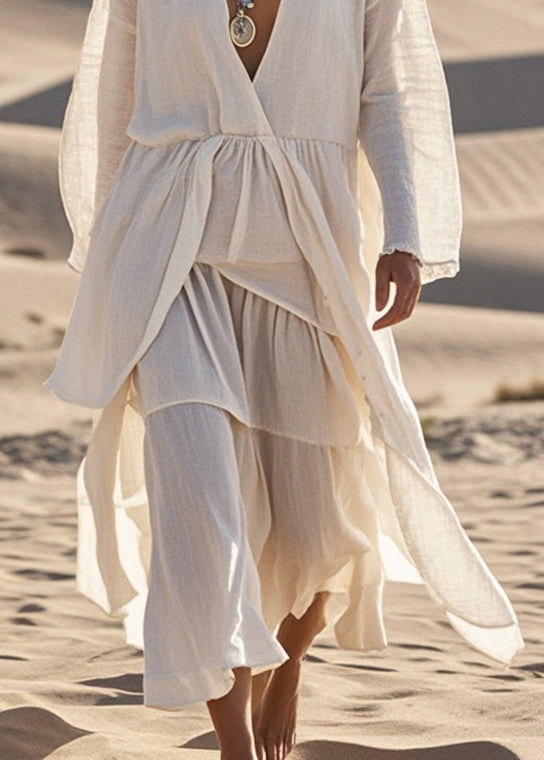 White V Neck Asymmetrical Design Cotton Dress Spring