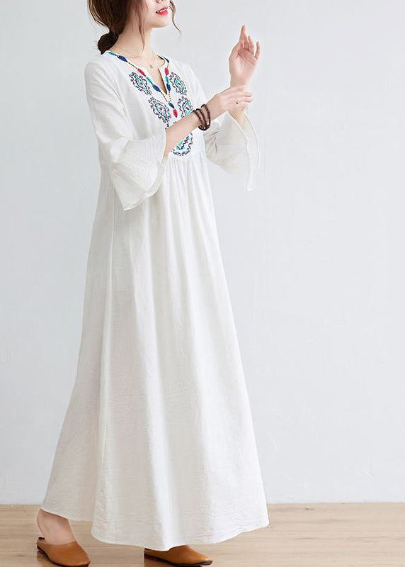White V Neck Embroideried Cotton a Line Dress Bracelet Sleeve