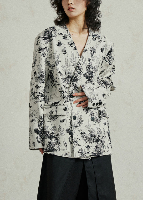 White V Neck Pockets Print Coat Fall