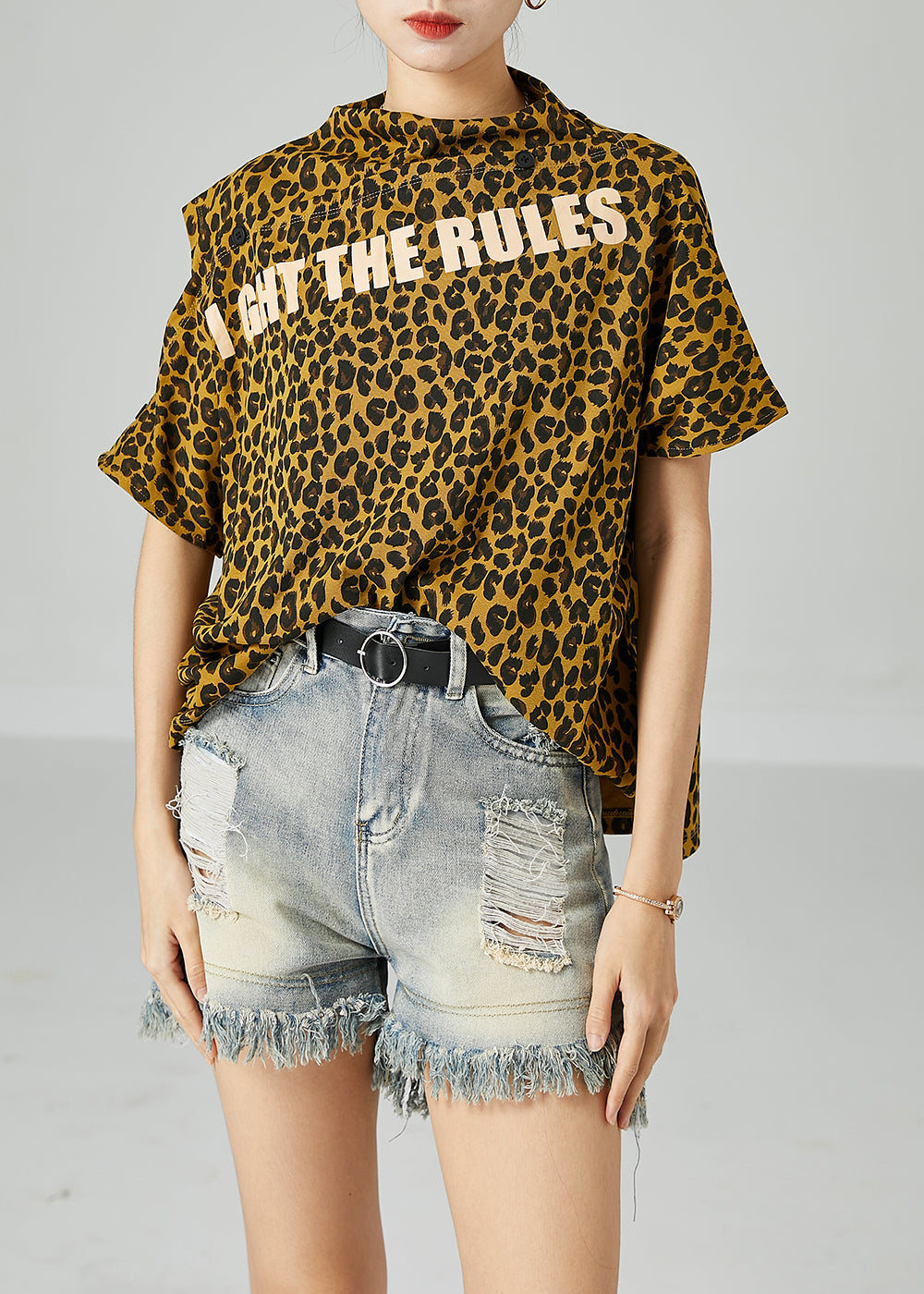 Yellow Cold Shoulder Leopard Print Cotton Tops Summer