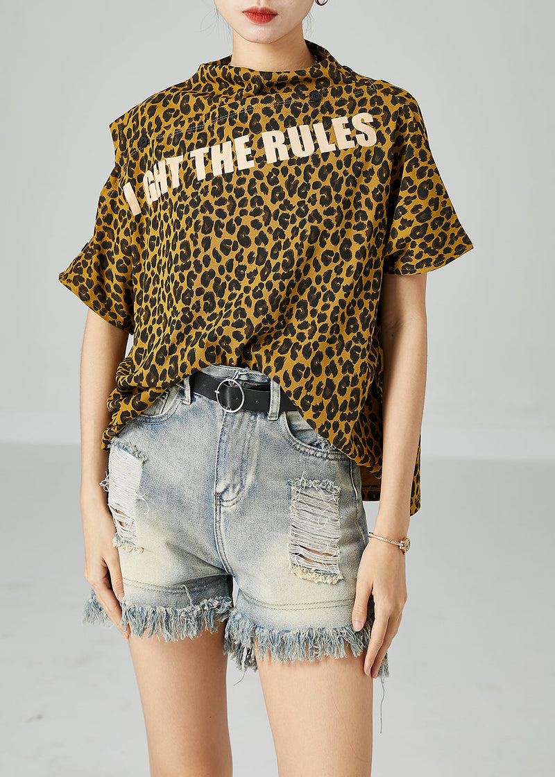 Yellow Cold Shoulder Leopard Print Cotton Tops Summer