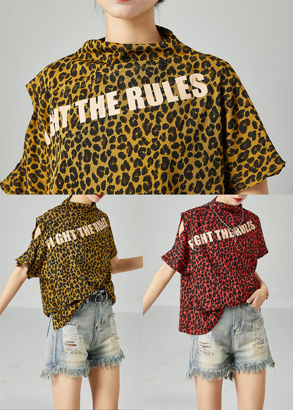 Yellow Cold Shoulder Leopard Print Cotton Tops Summer