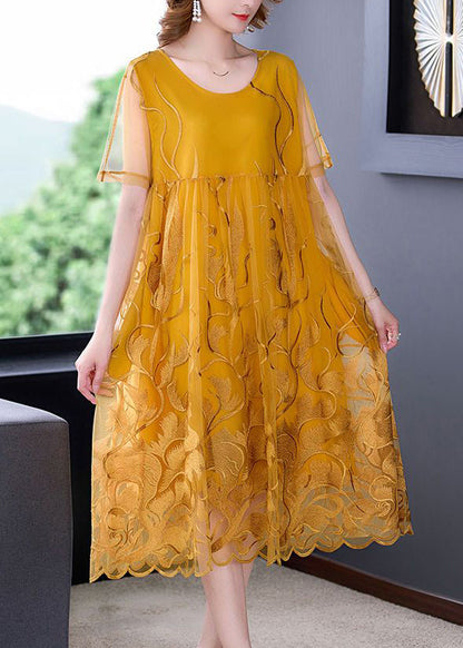 Yellow Embroideried Hollow Out Tulle Dress Summer