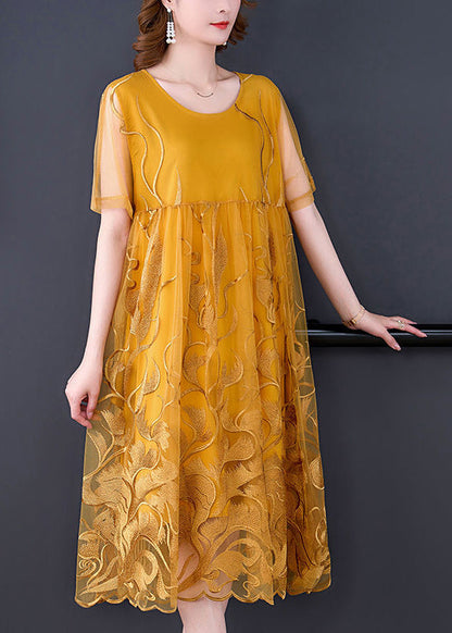 Yellow Embroideried Hollow Out Tulle Dress Summer