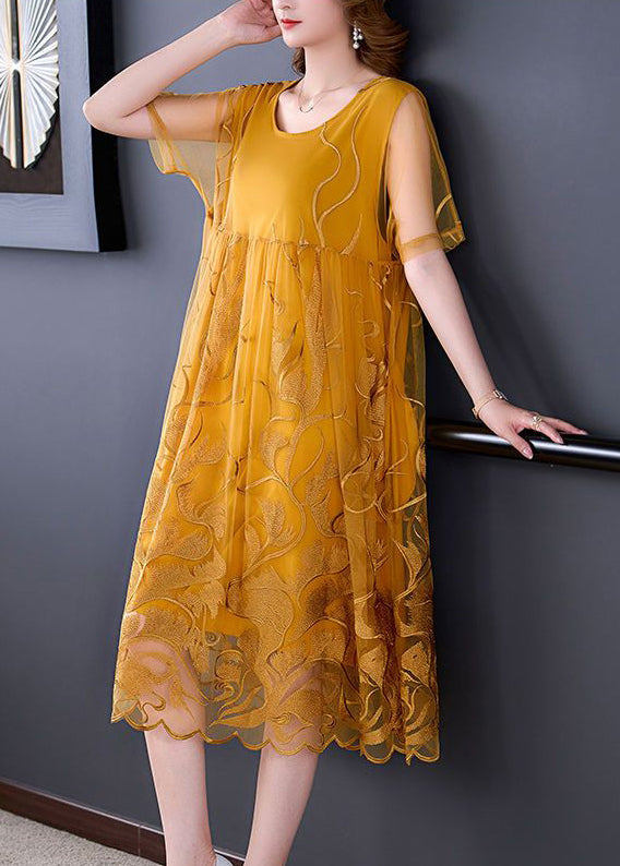 Yellow Embroideried Hollow Out Tulle Dress Summer