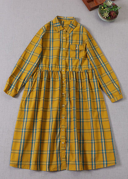 Yellow Green Plaid Peter Pan Collar Button Cotton Holiday Dress Long Sleeve