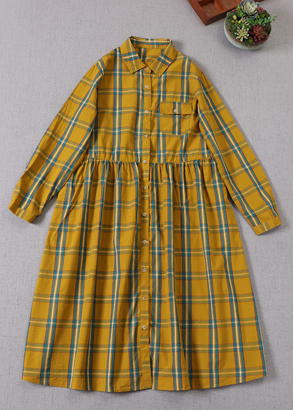 Yellow Green Plaid Peter Pan Collar Button Cotton Holiday Dress Long Sleeve