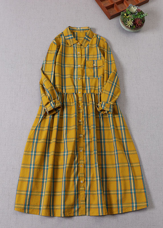 Yellow Green Plaid Peter Pan Collar Button Cotton Holiday Dress Long Sleeve