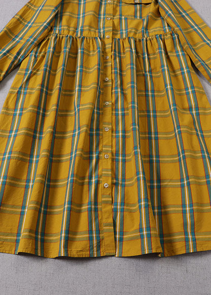 Yellow Green Plaid Peter Pan Collar Button Cotton Holiday Dress Long Sleeve