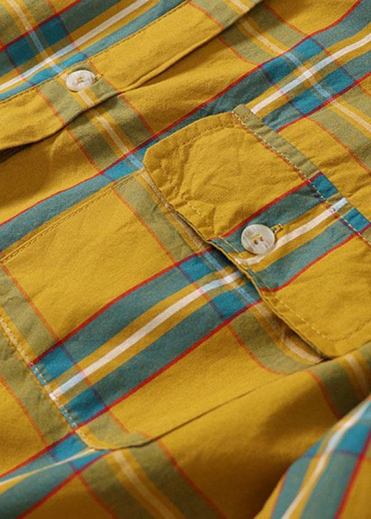 Yellow Green Plaid Pockets Buttontie Waist Fall Wrinkled Maxi Dress Long Sleeve