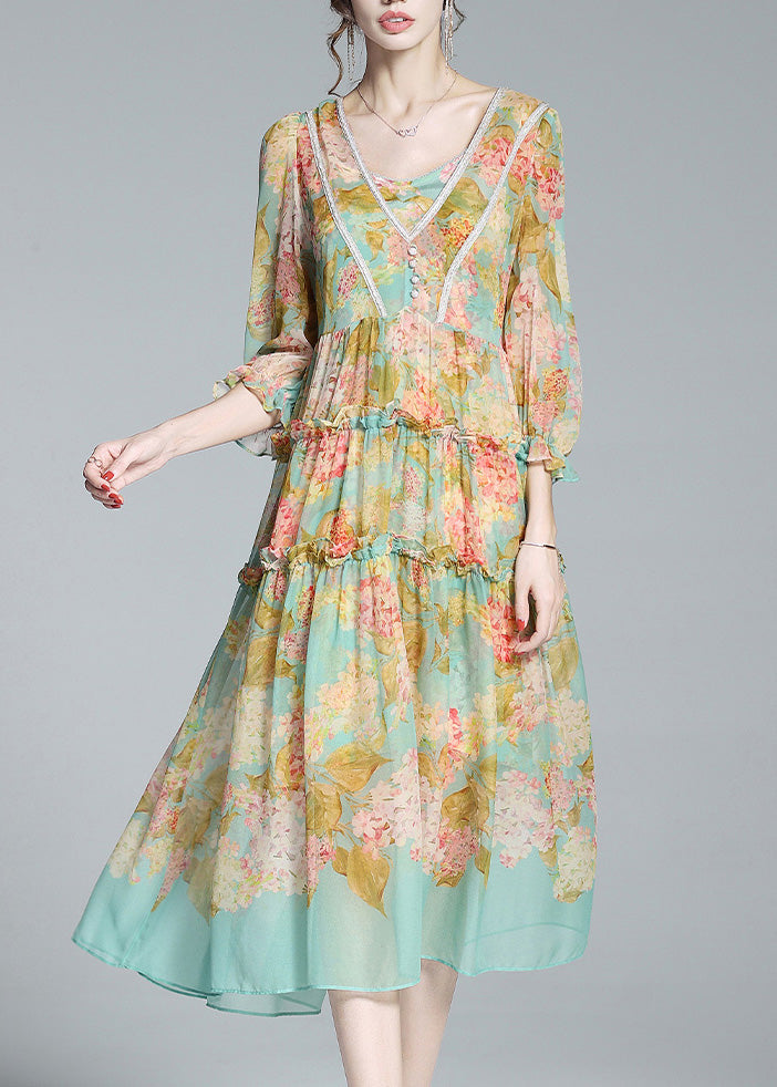 Yellow Green V Neck Print Patchwork Ruffled Maxi Dresses Summer