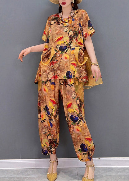 Yellow O-neck Print Tulle Patchwork Chiffon Tops and Pants Two Piece Set Clothing Short Sleeve