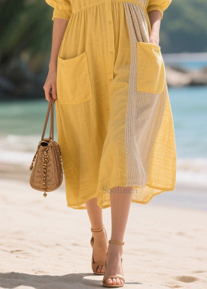 Yellow Oversized Patchwork Cotton Dresses Summer