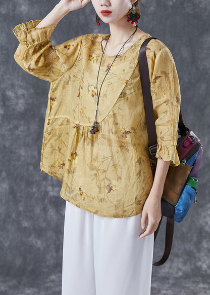 Yellow Patchwork Print Linen Blouse Tops Bracelet Sleeve