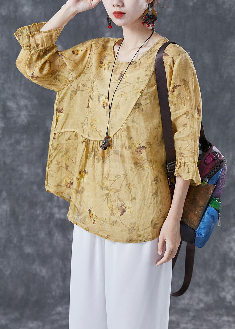 Yellow Patchwork Print Linen Blouse Tops Bracelet Sleeve