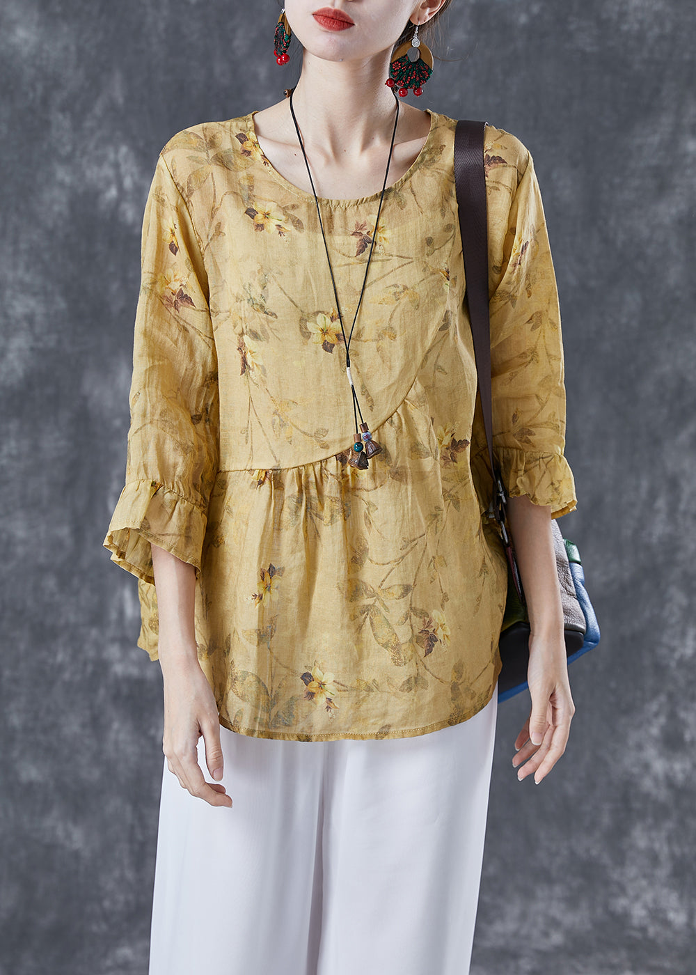 Yellow Patchwork Print Linen Blouse Tops Bracelet Sleeve