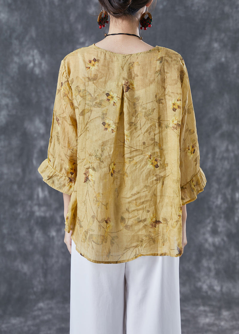 Yellow Patchwork Print Linen Blouse Tops Bracelet Sleeve