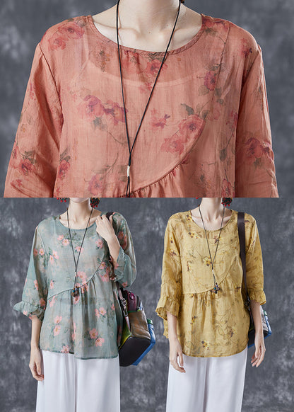 Yellow Patchwork Print Linen Blouse Tops Bracelet Sleeve
