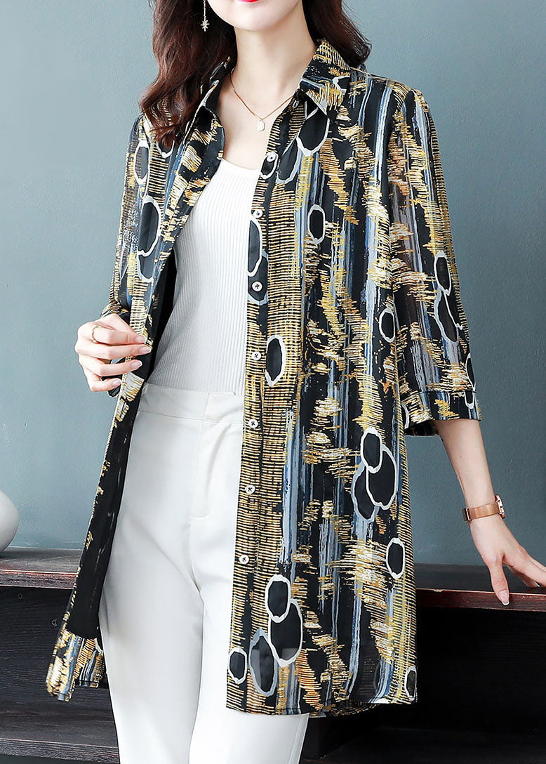 Yellow Peter Pan Collar Print Patchwork Chiffon Blouse Tops Bracelet Sleeve