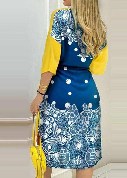 Yellow Print Button Chiffon Shirts Dresses Spring