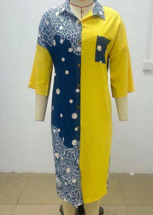 Yellow Print Button Chiffon Shirts Dresses Spring