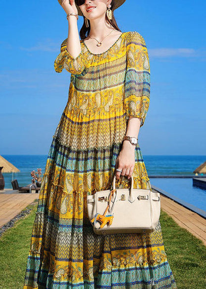 Yellow Print Ruffled Tie Waist Chiffon Dress Half Sleeve
