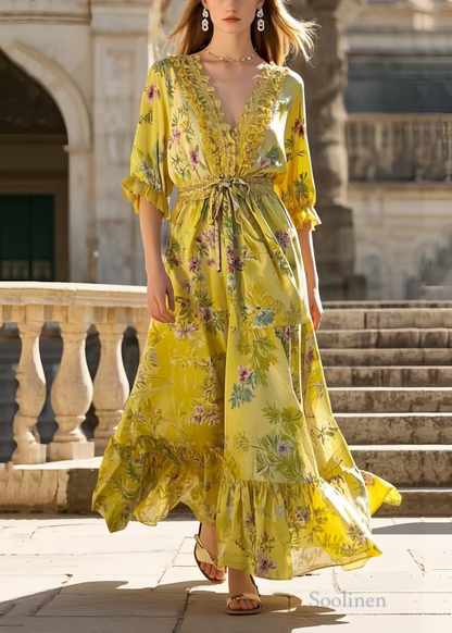 Yellow Ruffled Print Silk Tunic Dress Summer