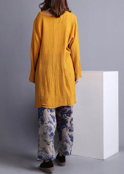 Boho Yellow U Neck low high design Linen Spring Shirt