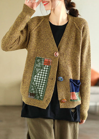 Yellow V Neck Patchwork Applique Knit Cardigans Winter