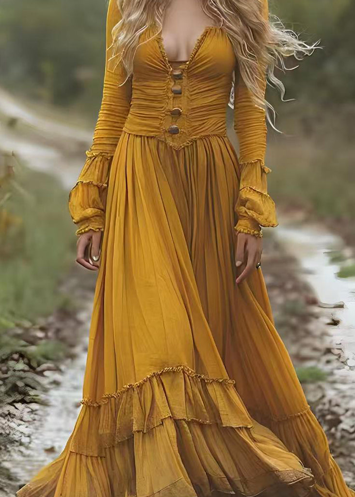 Yellow Wrinkled Patchwork Cotton Long Dresses Spring