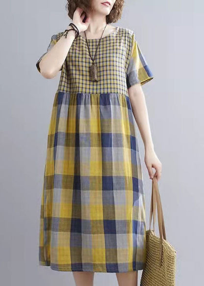 Yellow Plaid Pockets Patchwork Fall Holiday Dress Long Sleeve