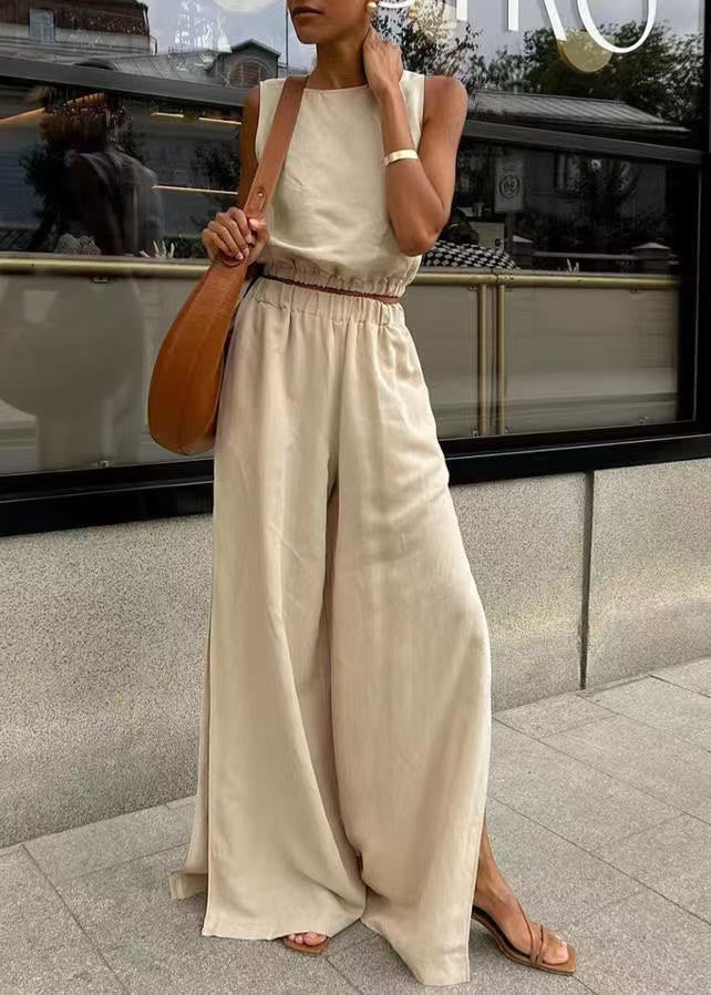 Boutique Apricot Side Open Linen Vests and Straight Pants Two Pieces Set Sleeveless