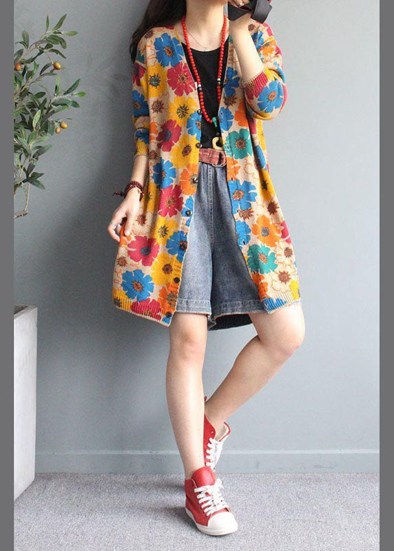 Boutique Apricot V Neck Print Button Fall Knit Cardigan Long Sleeve