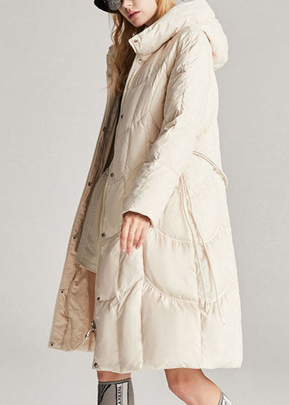 Boutique Beige Button Tie Waist Slim Fit Winter Duck Down Jacket