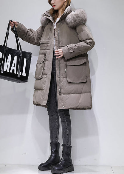 Boutique Beige Fur Collar Hooded Drawstring Cotton Blend Coat Winter