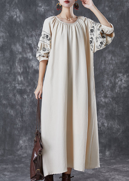 Boutique Beige O-neck Oversized Cotton Maxi Dresses Puff Sleeve