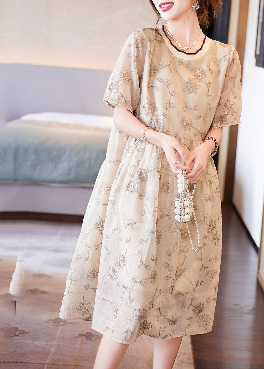 Boutique Beige O-neck Patchwork Print Chiffon Long Dresses Summer
