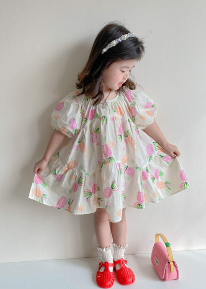 Boutique Beige Print Wrinkled Patchwork Cotton Kids Dresses Summer