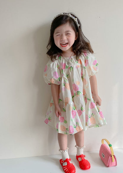 Boutique Beige Print Wrinkled Patchwork Cotton Kids Dresses Summer