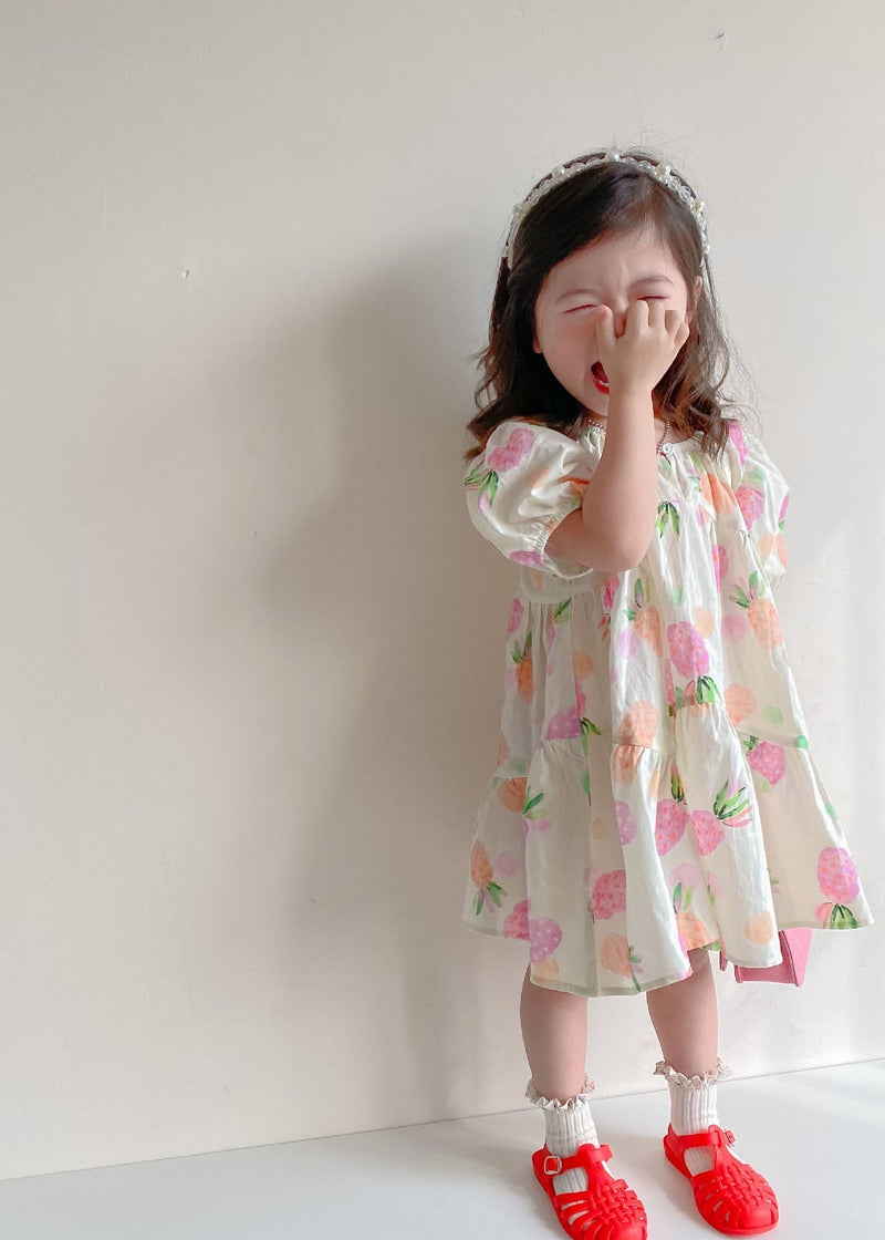 Boutique Beige Print Wrinkled Patchwork Cotton Kids Dresses Summer