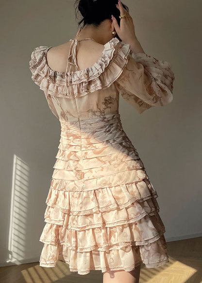 Boutique Beige Slash Neck Ruffles Chiffon Maxi Spaghetti Strap Dresses Puff Sleeve