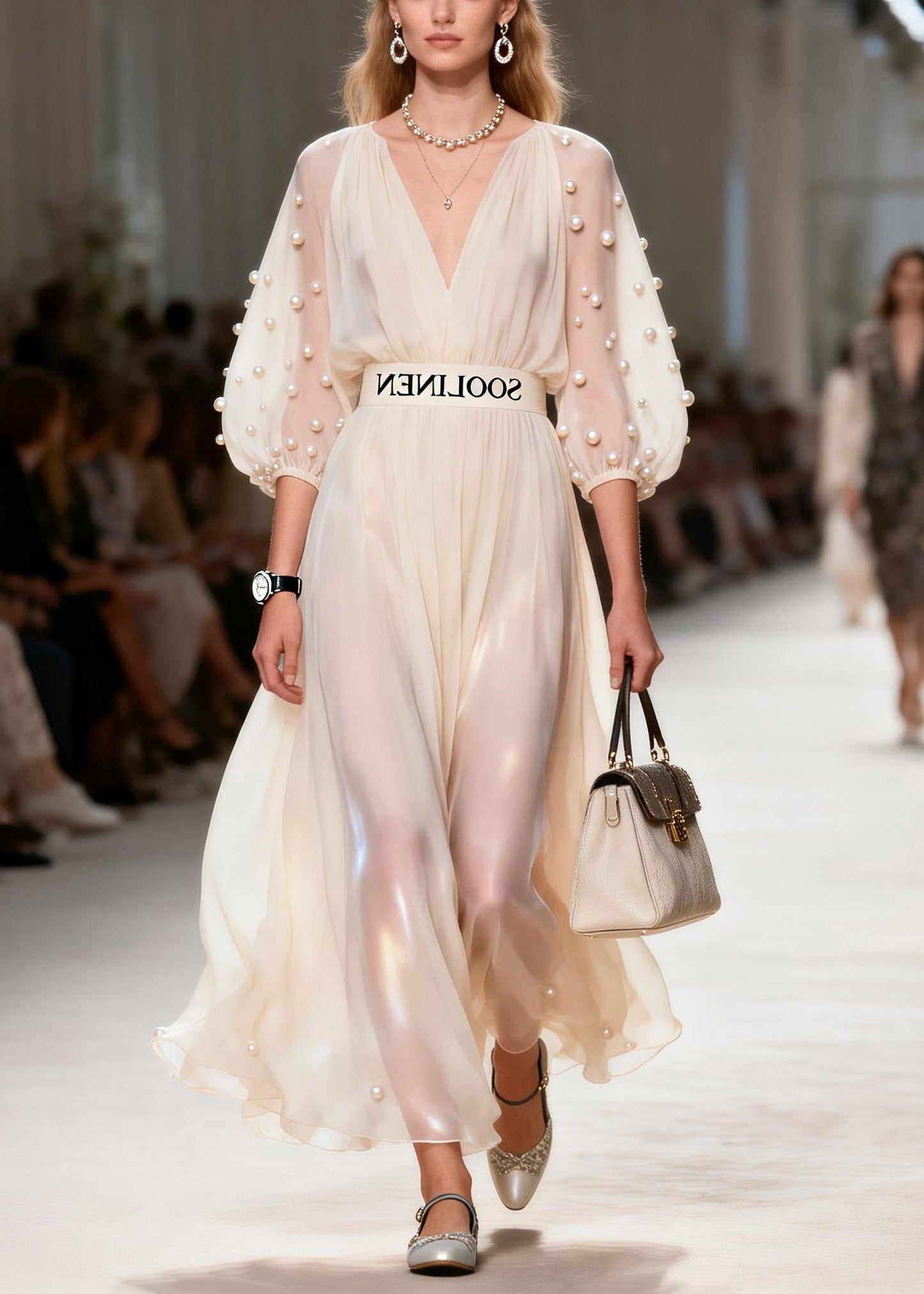 Boutique Beige V Neck Patchwork Pearl Silk Maxi Dress Summer
