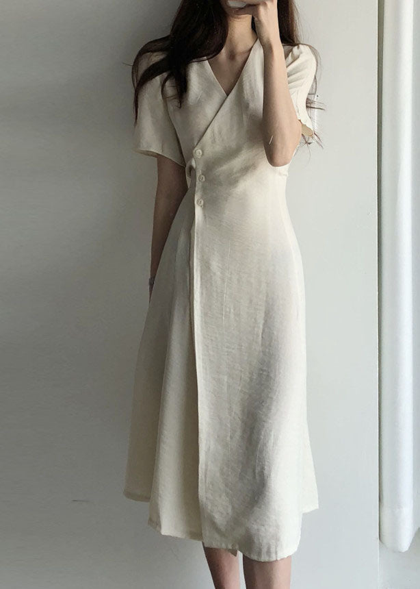 Boutique Beige V Neck Cotton Long Dresses Short Sleeve