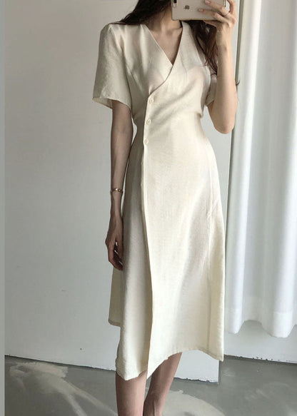 Boutique Beige V Neck Cotton Long Dresses Short Sleeve