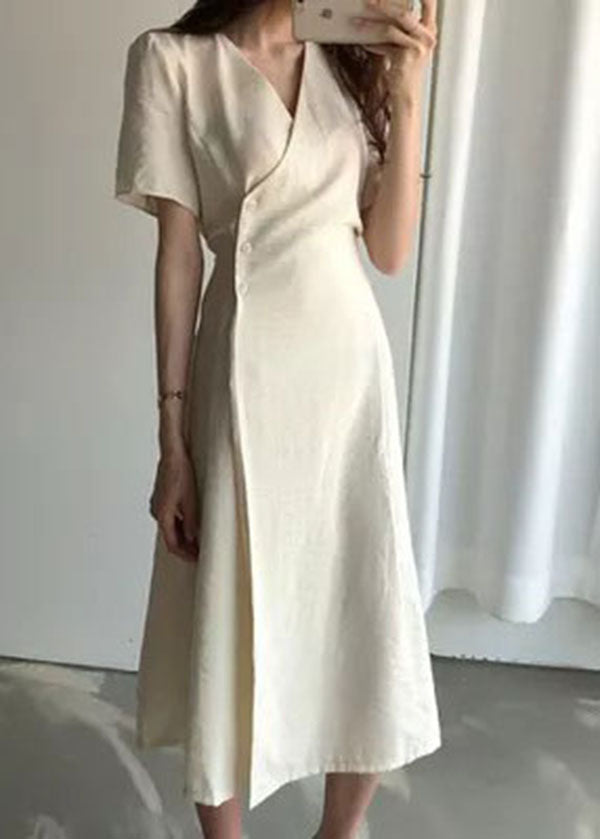 Boutique Beige V Neck Cotton Long Dresses Short Sleeve