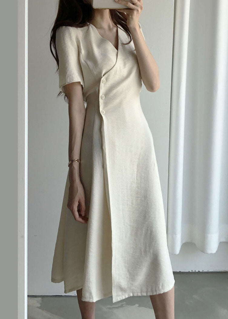Boutique Beige V Neck Cotton Long Dresses Short Sleeve