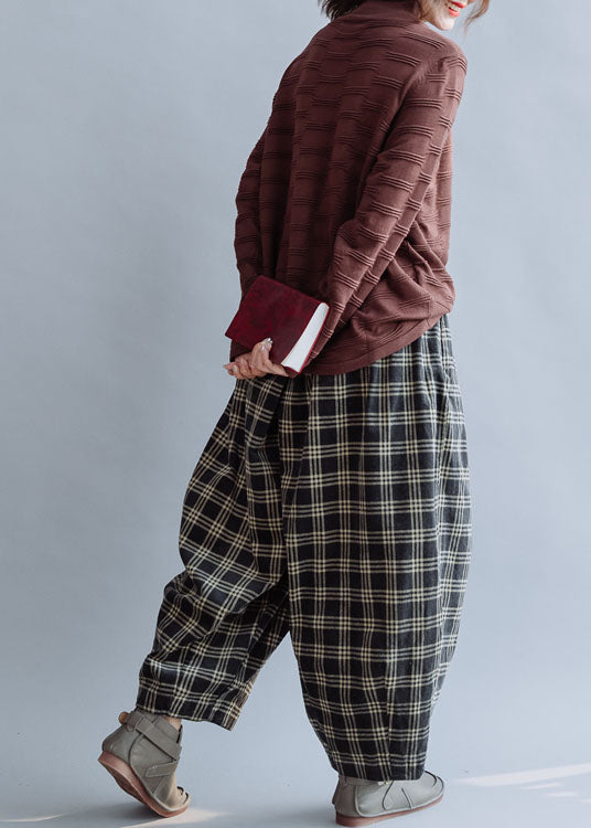 Boutique Beige Elastic Waist Plaid Cotton Pants Spring
