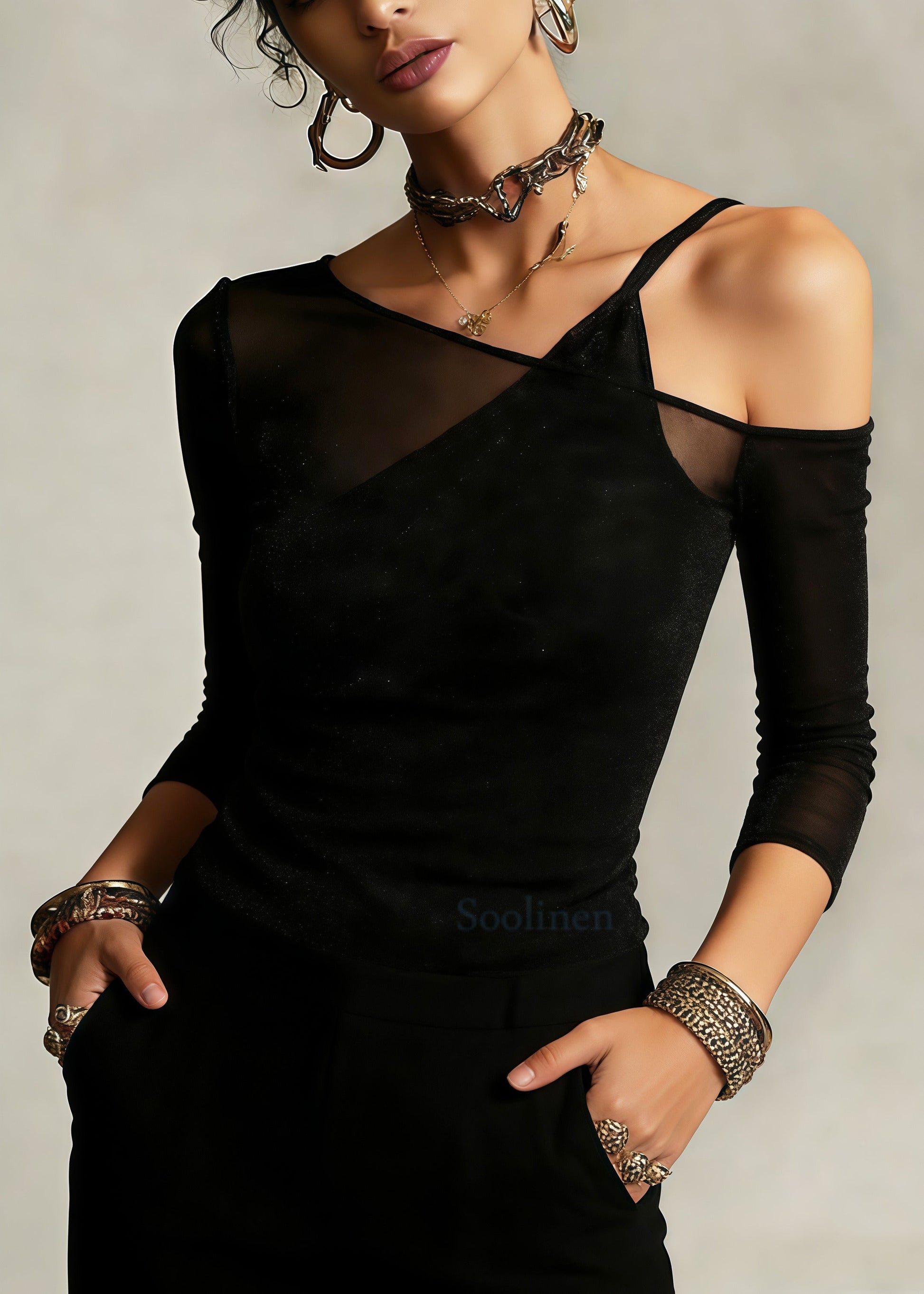 Boutique Black Asymmetrical Cold Shoulder Tulle Blouse Top Summer
