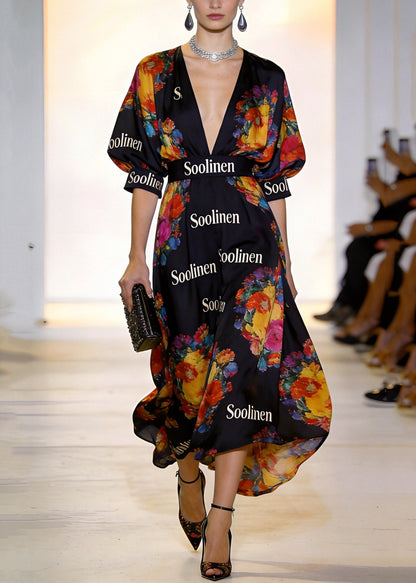 Boutique Black Deep-v Neck Print Chiffon Long Dress Puff Sleeve